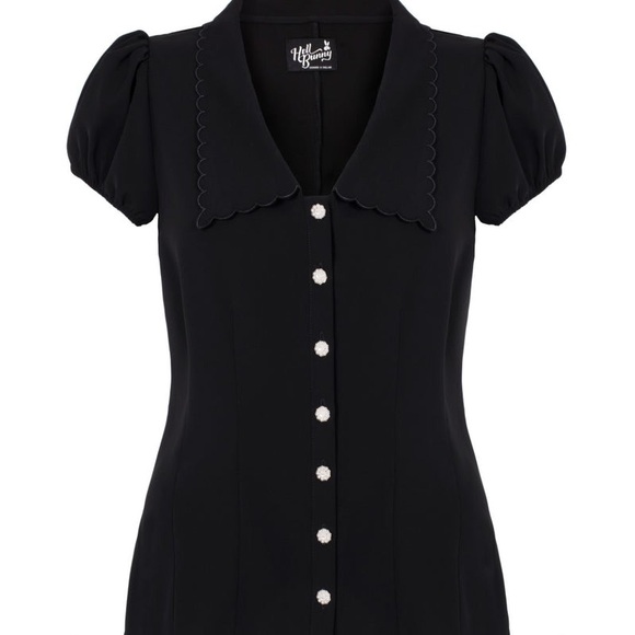 NWOT Hell Bunny MADDY BLOUSE Black Blouse with Scalloped Collar - Picture 1 of 9
